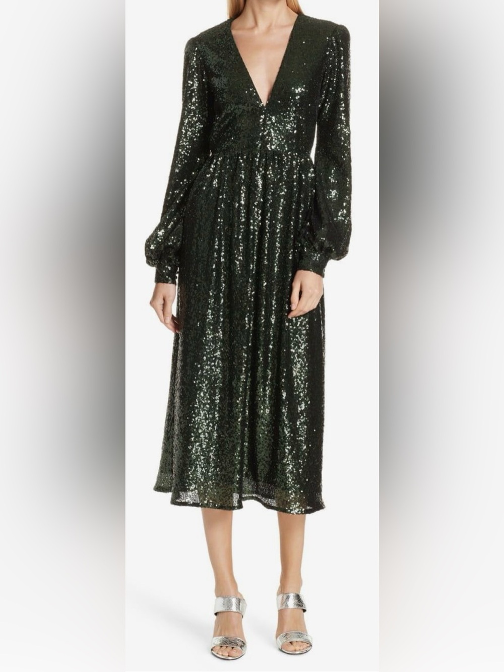 SALONI Dark Green Sequin Long Sleeve Midi Dress, Size 2